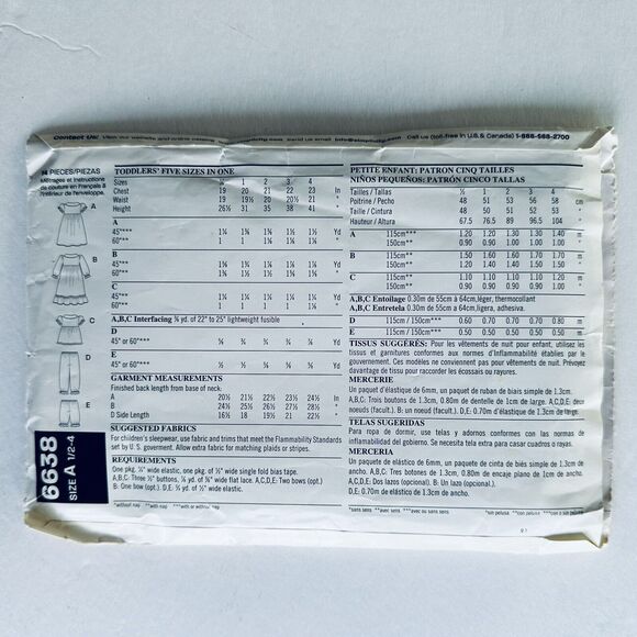 New Look 6638 Sewing Pattern Pajamas Nightgown Sleepwear Toddler Girl 1-4 UNCUT - Picture 2 of 2